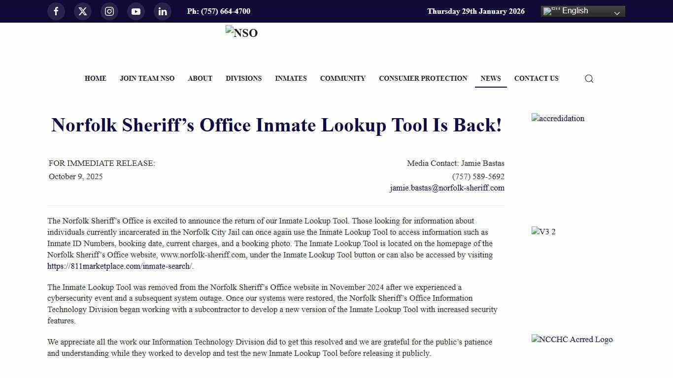 Norfolk Sheriff’s Office Inmate Lookup Tool Is Back!